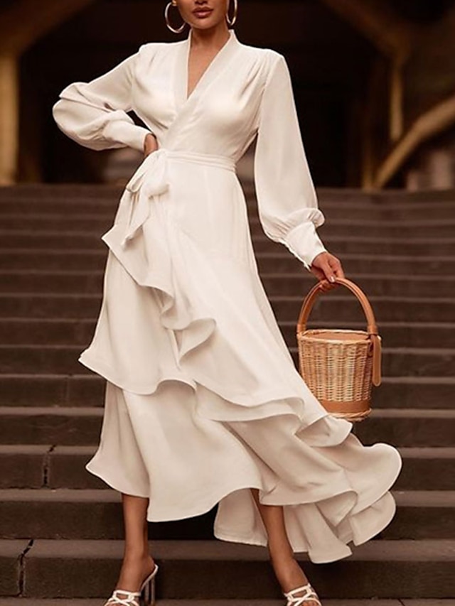 Womens Clothing Womens Dresses | Womens A Line Dress Maxi long Dress White Long Sleeve Pure Color Ruffle Spring Summer V Neck St