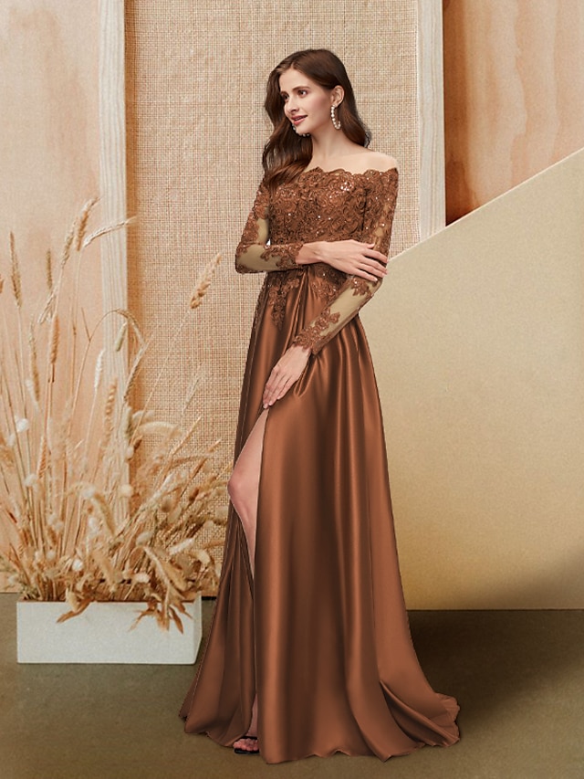  A-Line Evening Dresses Glittering Dress Engagement Floor Length Long Sleeve Off Shoulder Satin with Sequin Slit Lace Insert 2022 / Formal Evening