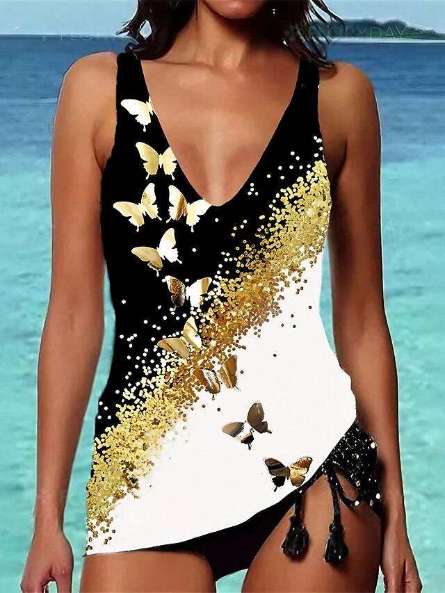 Womens Clothing Womens Swimwear | Womens Swimwear Tankini 2 Piece Normal Swimsuit High Waisted Butterfly Color Block Golden Blac