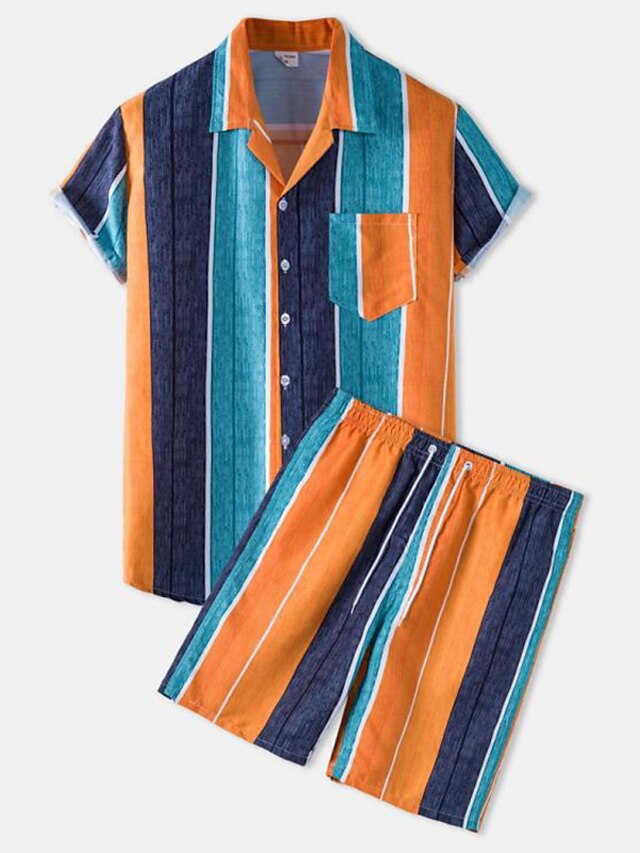 Mens Clothing Mens Shirts | Mens Shirt Set Striped Turndown Street Casual Button-Down Print Short Sleeve Tops Fashion Hawaiian C