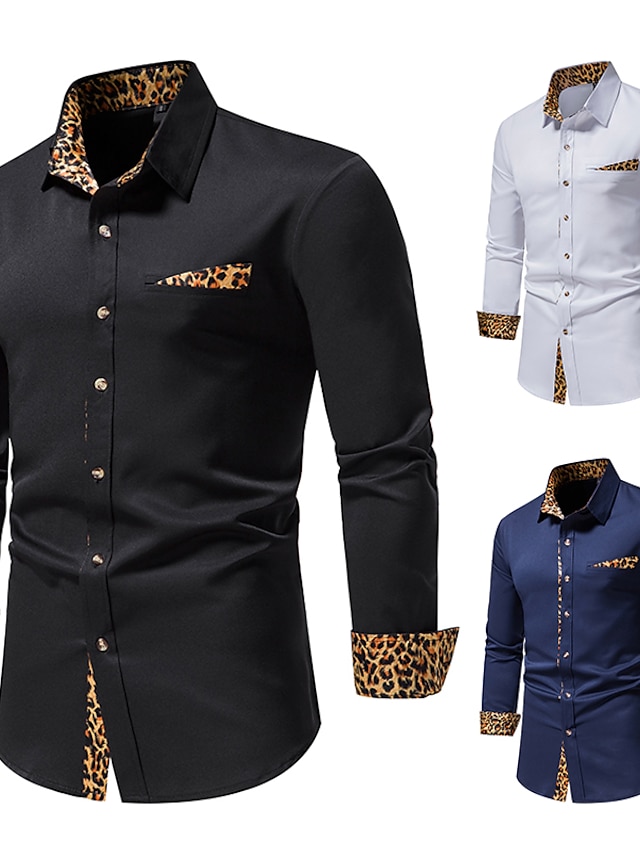 Mens Clothing Mens Shirts | Mens Shirt non-printing Leopard Plus Size Button Down Collar Daily Long Sleeve Tops Fashion White Bl