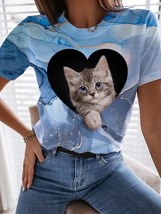  Women's Casual Weekend T shirt Tee 3D Cat Painting Short Sleeve Cat Heart 3D Round Neck Print Basic Tops Blue S / 3D Print