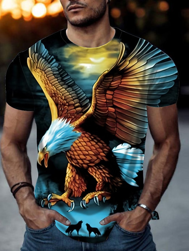  Eagle Casual Mens 3D Shirt | Black Summer Cotton | And Wolves Men'S Animal Crew Neck Short Sleeve Street Print Tops Sportswear Fashion Comfortable Blue Spring