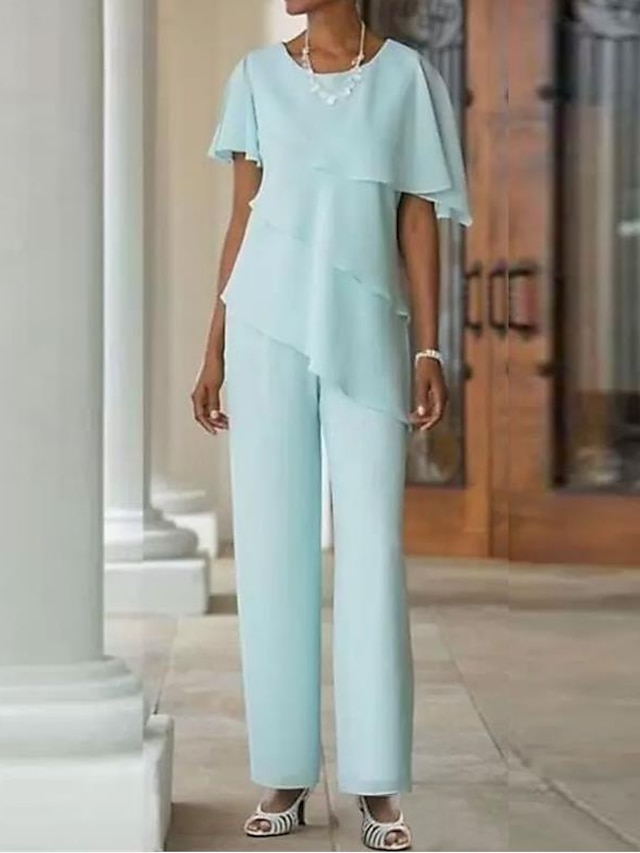  Two Piece Pantsuit / Jumpsuit Mother of the Bride Dress Plus Size Elegant Jewel Neck Floor Length Chiffon Short Sleeve with Cascading Ruffles 2022