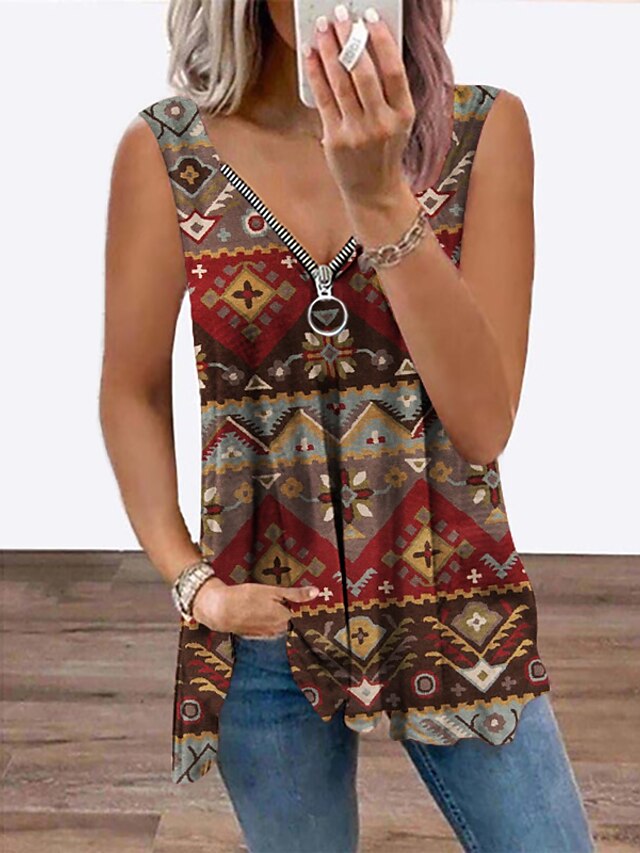 Womens Clothing Womens Tops | Womens Geometric Abstract Daily Weekend Geometric Tank Top Vest Sleeveless Flowing tunic Quarter Z