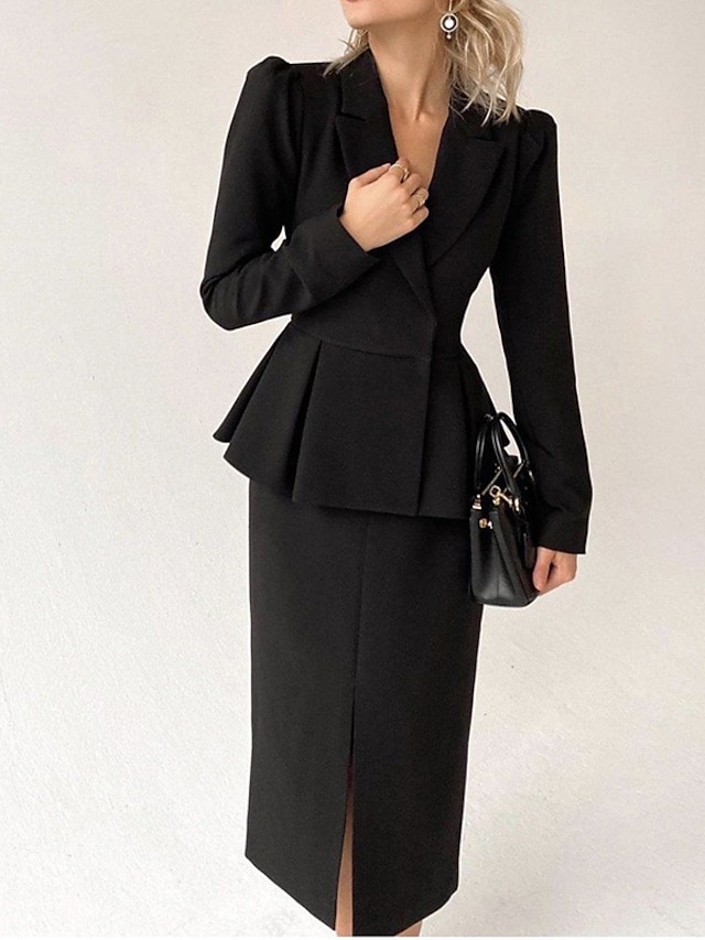 Womens Clothing Womens Dresses | Womens Two Piece Dress Midi Dress White Black Long Sleeve Pure Color Split Spring Summer V Neck