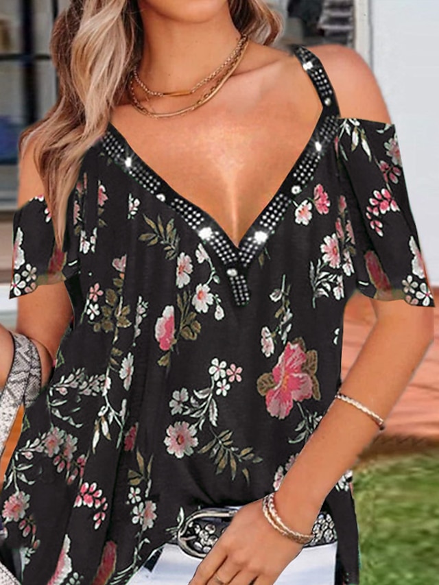  Women's T shirt Tee Floral Black Red Blue Cut Out Cold Shoulder Print Short Sleeve Casual Holiday Weekend Basic V Neck Regular Fit