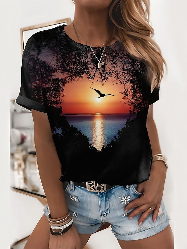 Womens Clothing Womens Tops | Womens Casual Holiday Weekend Abstract 3D Printed Painting T shirt Tee Scenery 3D Short Sleeve Pri