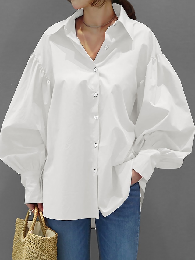  Women's Shirt Blouse Cotton Plain Daily Weekend Button Lantern Sleeve Black Long Sleeve Casual Shirt Collar Spring Fall