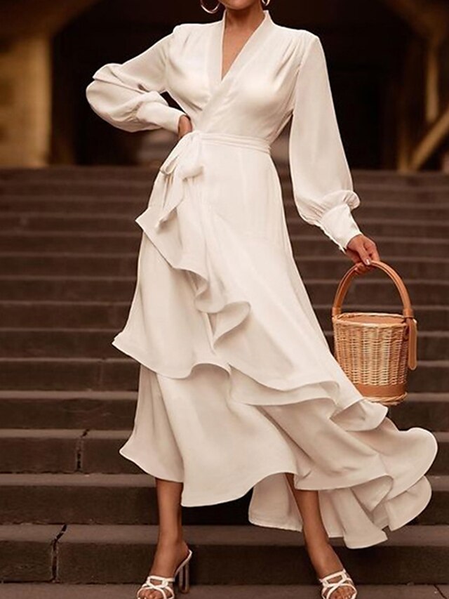 Womens Clothing Womens Dresses | Womens Party Dress Maxi long Dress White Long Sleeve Pure Color Ruched Ruffle Spring Summer V N