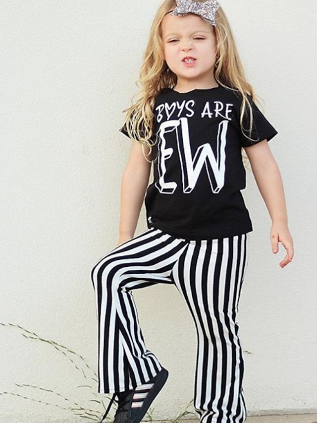 Baby & Kids Girls Clothing | Kids Girls T-shirt & Pants Pants Set T-shirt Set 3 Pieces Short Sleeve Black Stripe Letter Print Co