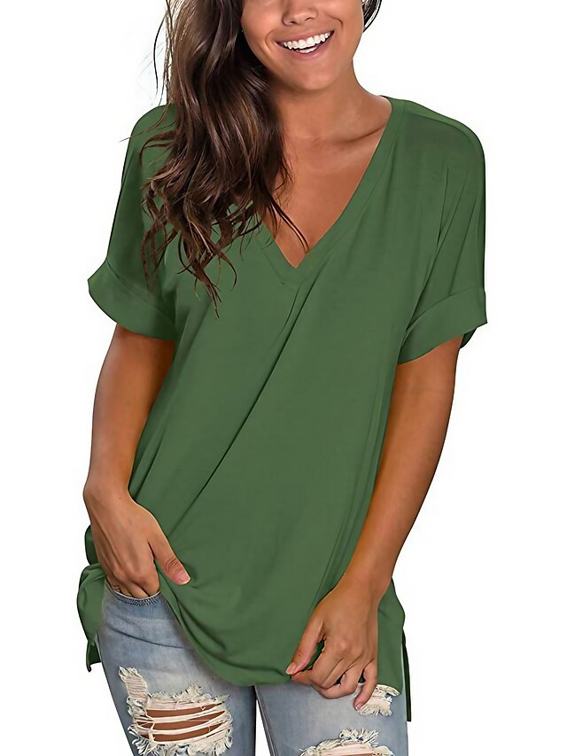  Women's Casual Daily Weekend T shirt Tee Plain Short Sleeve V Neck Basic Tops Green White Black S