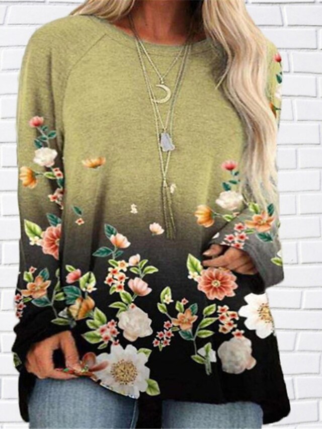 Womens Clothing Plus Size Collection | Womens Plus Size Tops Blouse Shirt Floral Print Long Sleeve Crewneck Streetwear Daily Goi