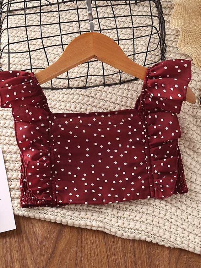 Baby & Kids Girls Clothing | Kids Girls T-shirt & Skirt 2 Pieces Sleeveless Wine Polka Dot Ruched Vacation Outdoor Comfort Sweet