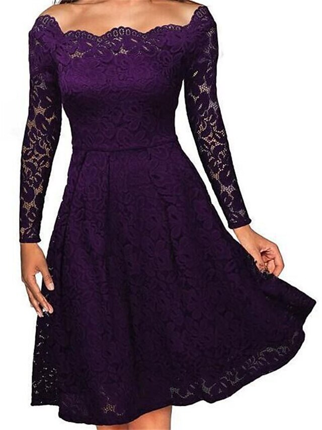 Womens Clothing Womens Dresses | Womens A Line Dress Knee Length Dress Black Purple Wine Short Sleeve Pure Color Lace Cold Shoul