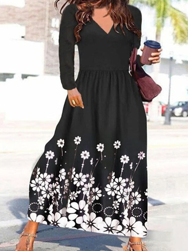 Womens Clothing Womens Dresses | Womens A Line Dress Maxi long Dress Black Long Sleeve Floral Ruched Print Spring Summer V Neck 