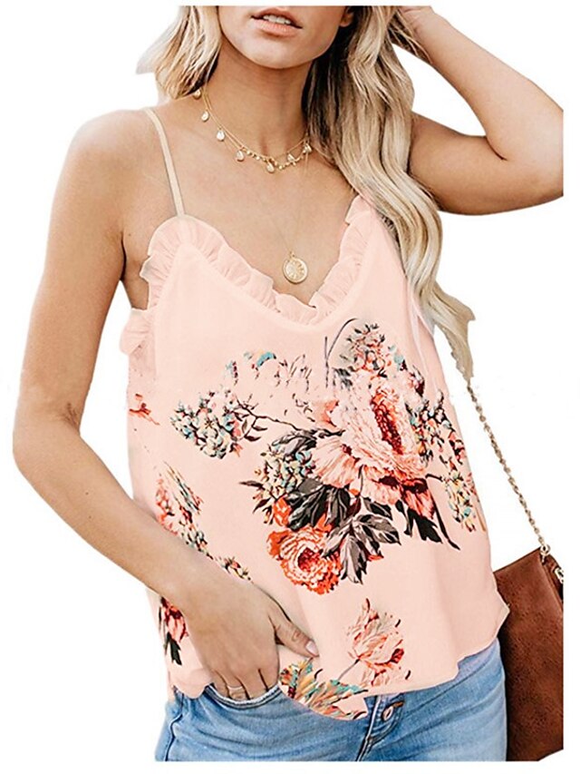 Womens Clothing Womens Tops | Womens Floral Holiday Weekend Floral Tank Top Shirt Sleeveless Lettuce Trim Print V Neck Casual St