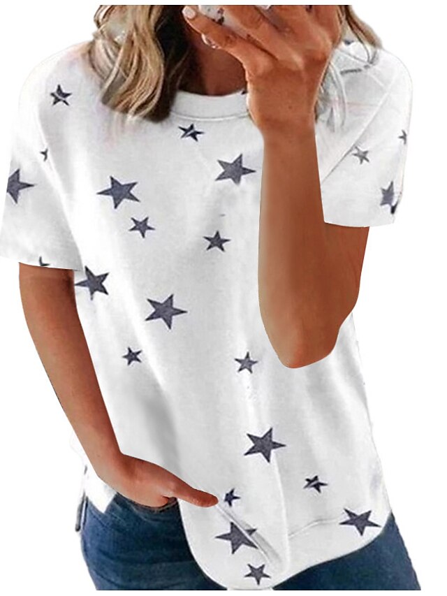 Womens Clothing Womens Tops | Womens Casual Weekend Painting T shirt Tee Star Short Sleeve Print Round Neck Basic Tops Green Whi