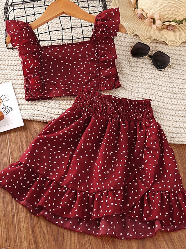 Baby & Kids Girls Clothing | Kids Girls T-shirt & Skirt 2 Pieces Sleeveless Wine Polka Dot Ruched Vacation Outdoor Comfort Sweet