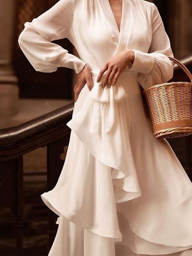 Womens Clothing Womens Dresses | Womens Party Dress Maxi long Dress White Long Sleeve Pure Color Ruched Ruffle Spring Summer V N