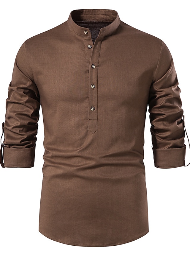 Mens Clothing Mens Shirts | Mens Shirt Solid Color Standing Collar Street Casual Button-Down Long Sleeve Tops Casual Fashion Cla