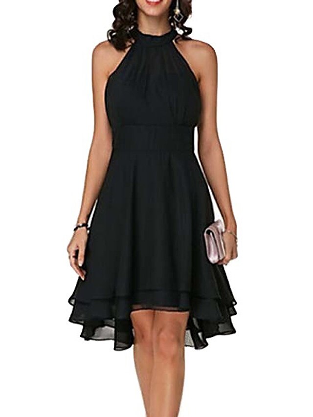  A-Line Flirty Empire Engagement Cocktail Party Dress Halter Neck V Back Sleeveless Knee Length Chiffon with Sleek Tier 2022