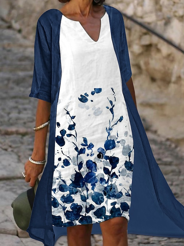  طقم نسائي من قطعتين فستان خط فستان ميدي فستان أزرق نصف كم مطبوع عليه أزهار صيف الربيع الخامس الرقبة عرضي 2023 s m l xl xxl 3xl