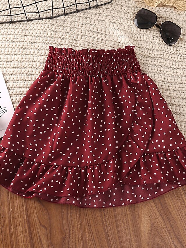 Baby & Kids Girls Clothing | Kids Girls T-shirt & Skirt 2 Pieces Sleeveless Wine Polka Dot Ruched Vacation Outdoor Comfort Sweet