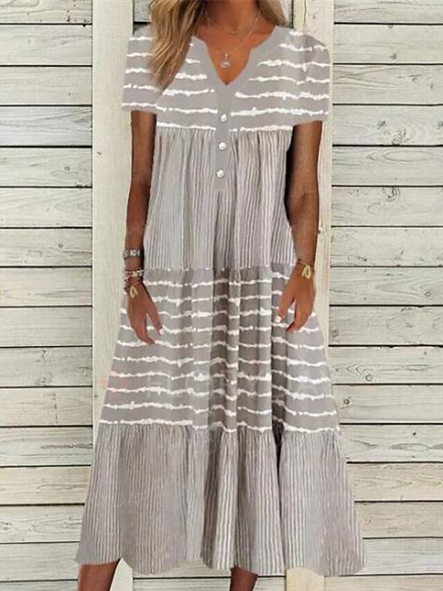 Womens Clothing Womens Dresses | Womens Shift Dress Midi Dress Light gray Short Sleeve Striped Button Print Spring Summer V Neck