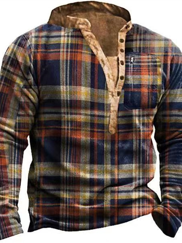 Men's Sweatshirt Pullover Print Designer Basic Casual Plaid Graphic Graphic Prints Print V Neck Sports & Outdoor Casual Daily Long Sleeve Clothing Clothes Regular Fit Green Yellow Orange Red Brown