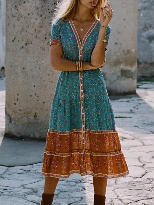  Femme Robe mi-longue Robe casual Robe ethnique Robe Évasée robe boheme mode Moderne Décontractées Extérieur Vacances Rendez-vous Standard Floral Cachemire Manche Courte Col V Rouge Bleu Eté Printemps