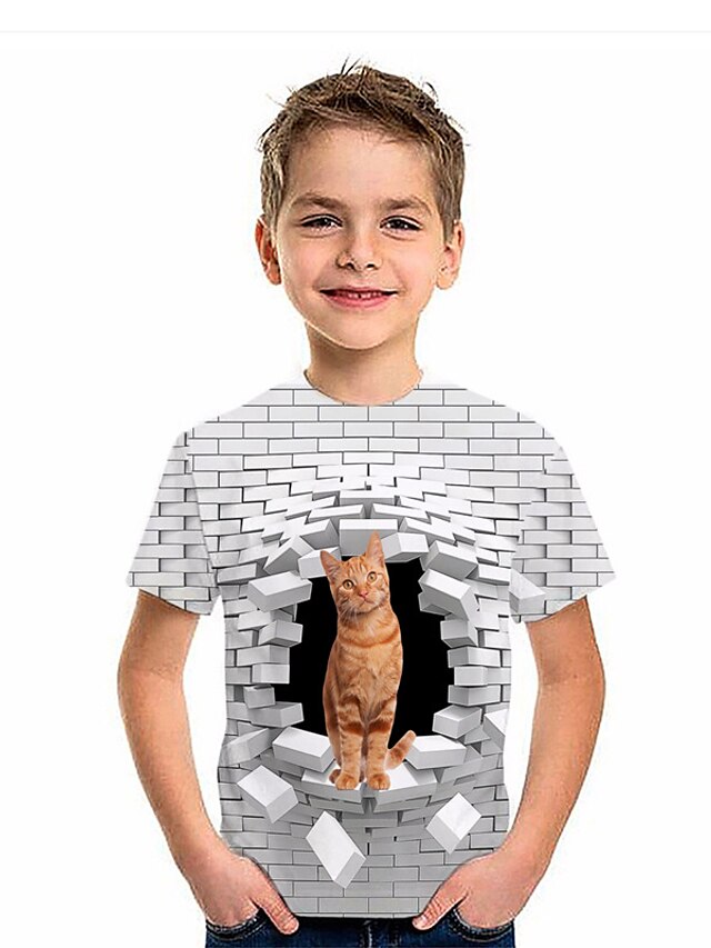 Baby & Kids Boys Clothing | Kids Boys T shirt Short Sleeve White 3D Print Cat Animal Daily Indoor Outdoor Active Fashion Daily S