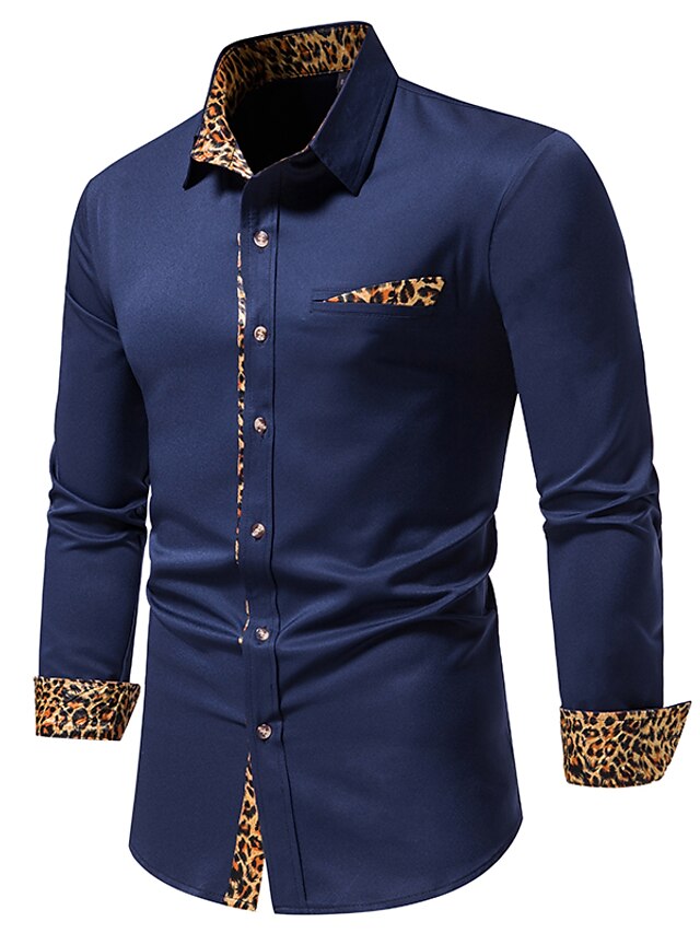 Mens Clothing Mens Shirts | Mens Shirt non-printing Leopard Plus Size Button Down Collar Daily Long Sleeve Tops Fashion White Bl