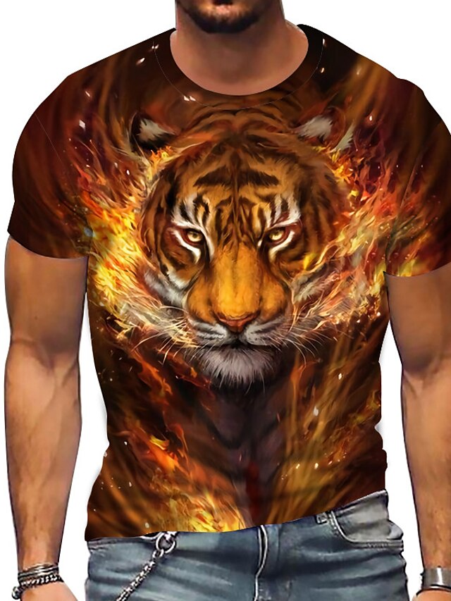 Mens Clothing Mens Tees & Tank Tops | Mens T shirt Tee 3D Print Tiger Animal Crew Neck Street Casual Print Short Sleeve Tops Spo