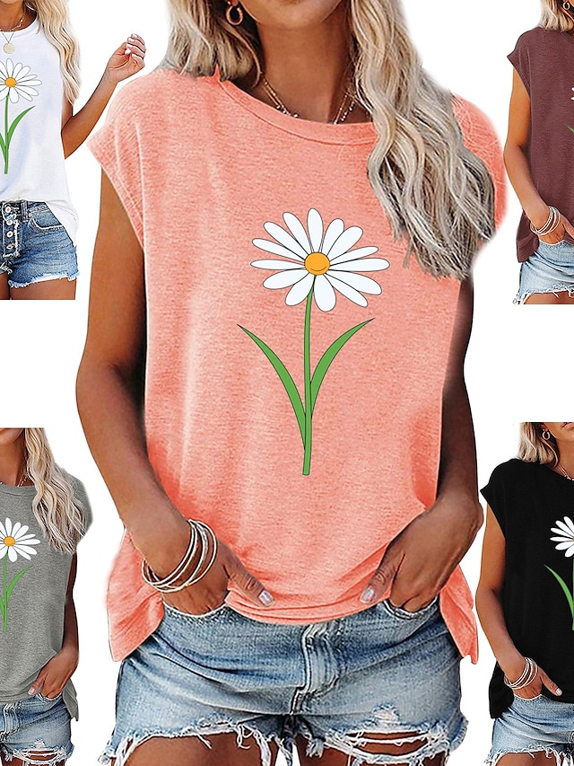 Womens Clothing Womens Tops | Womens Casual Weekend Floral Painting T shirt Tee Floral Short Sleeve Print Round Neck Basic Tops 