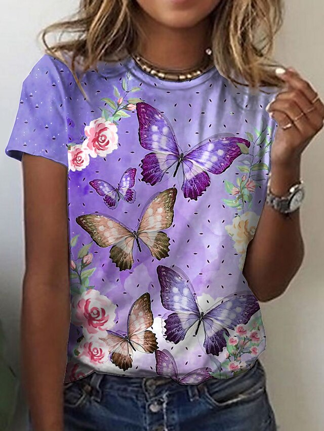  Women's Floral Butterfly Casual Holiday Weekend Floral Butterfly Painting Short Sleeve T shirt Tee Round Neck Print Basic Essential Tops Green Blue Purple S / 3D Print