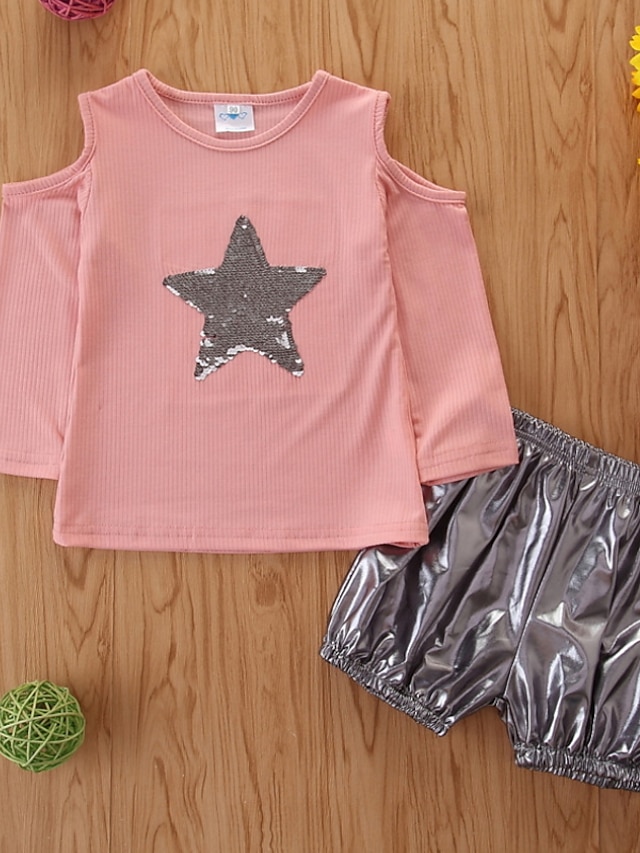 Baby & Kids Girls Clothing | Kids Girls T-shirt & Shorts Shorts Set T-shirt Set 2 Pieces Long Sleeve Pink Print Sequins Cotton I