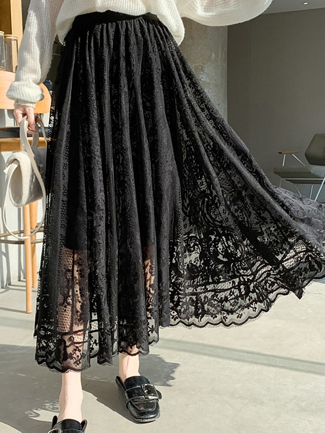 Womens Clothing Womens Bottoms | Womens Fashion Long Skirts Casual / Daily Weekend Solid Colored Lace Black Beige One-Size - GL5