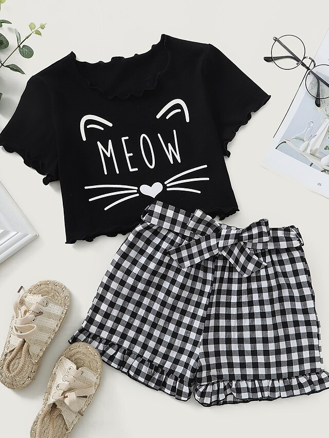 Baby & Kids Girls Clothing | Kids Girls T-shirt & Shorts Clothing Set 2 Pieces Short Sleeve Black Cartoon Plaid Letter Patchwork