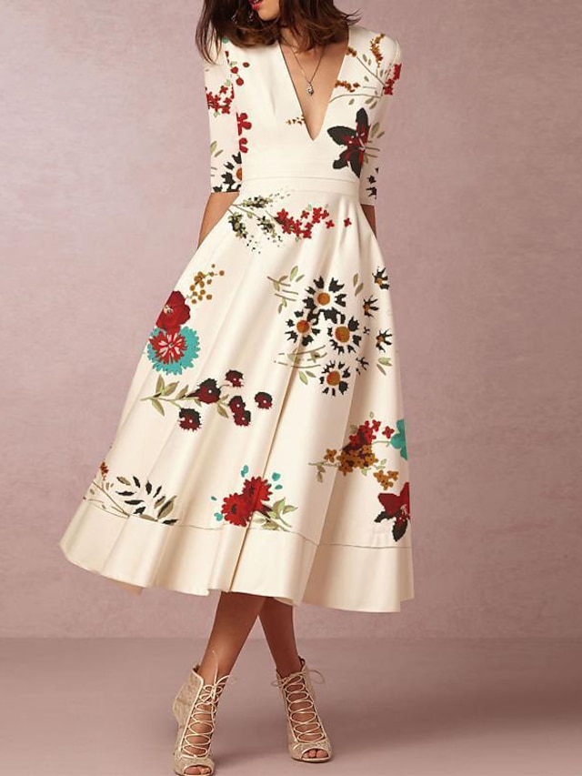  Women's Casual Dress Swing Dress Midi Dress Beige 3/4 Length Sleeve Floral Print Winter Fall Autumn V Neck Stylish 2023 S M L XL XXL 3XL