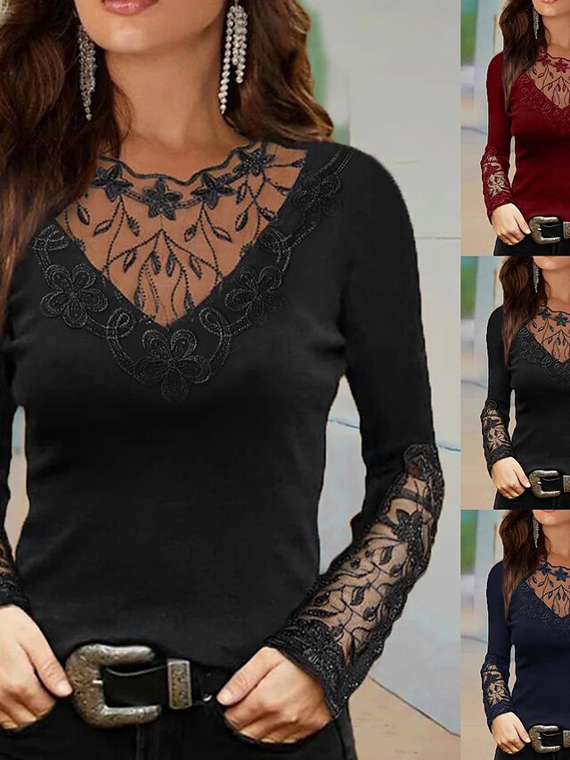 Women's T shirt Tee Going Out Tops Black Wine Navy Blue Floral Lace ...