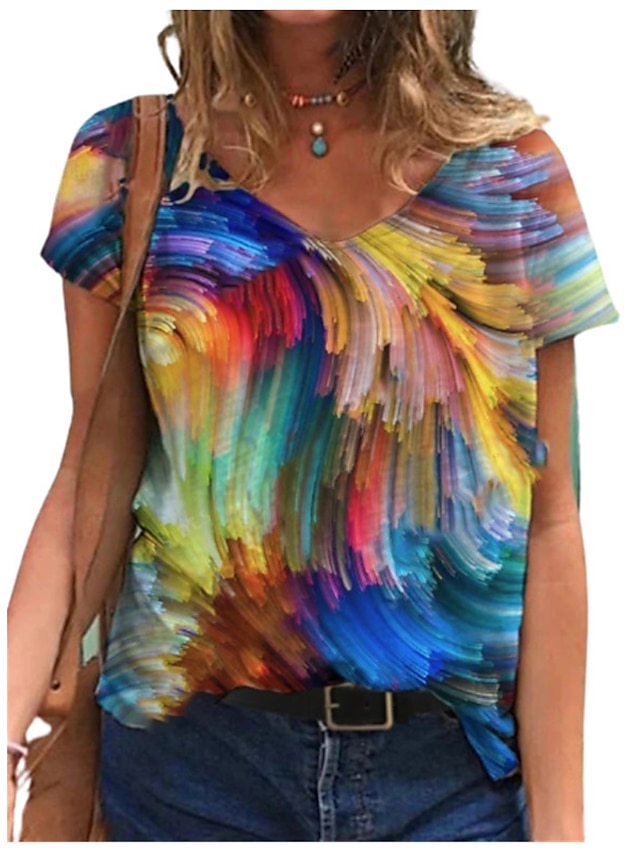 Womens Clothing Womens Tops | Womens Casual Weekend Abstract Painting T shirt Tee Tie Dye Short Sleeve Print V Neck Basic Tops G