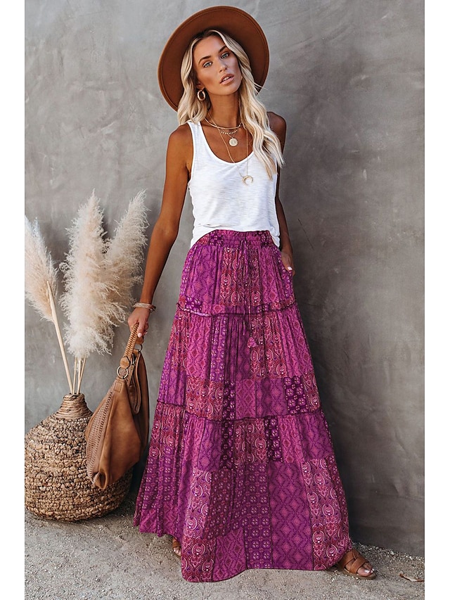 Women's Skirt Swing Long Skirt Bohemia Maxi Skirts Ruffle Print Floral ...