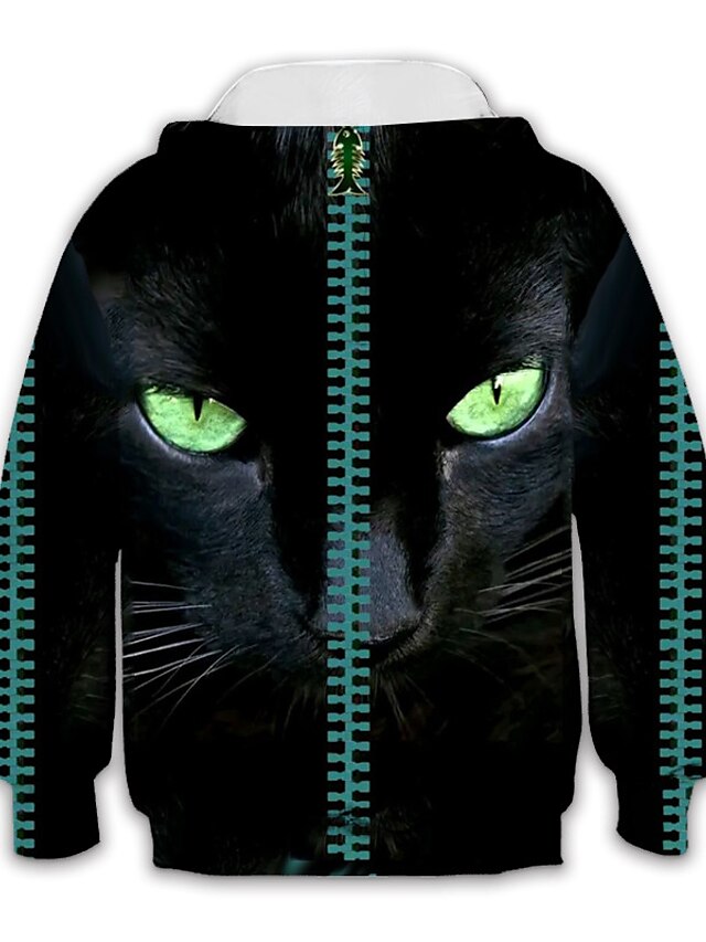 Baby & Kids Boys Clothing | Kids Boys Hoodie Long Sleeve Green 3D Print Cat Animal Pocket Daily Indoor Outdoor Active Fashion Da