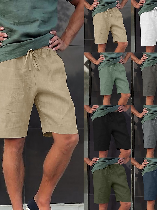  Men's Shorts Bermuda shorts Linen Shorts Pocket Drawstring Solid Color Comfort Breathable Knee Length Daily Beach Linen / Cotton Blend Streetwear Casual / Sporty Black Light Green Micro-elastic