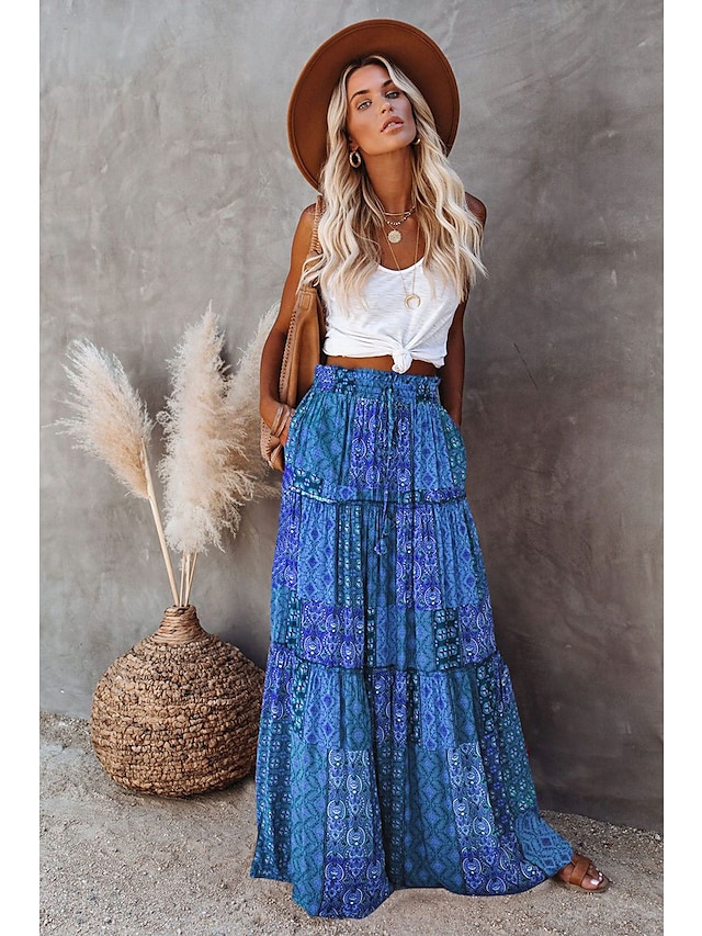  Women's Skirt Swing Long Skirt Bohemia Maxi Skirts Drawstring Print Graphic Solid Colored Causal Vacation Spring & Summer Polyester Vintage Boho Red Blue Purple