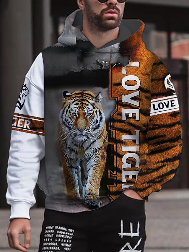 Mens Clothing Mens Hoodies & Sweatshirts | Mens Pullover Hoodie Sweatshirt Graphic Tiger Print Hooded Sports & Outdoor Daily 3D 