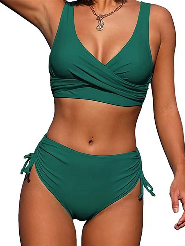 Womens Clothing Womens Swimwear | Womens Swimwear Bikini 2 Piece Normal Swimsuit Open Back Pure Color Green Black Fuchsia Red V 