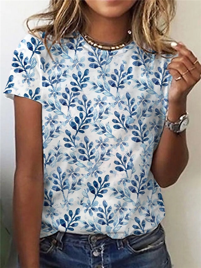 Womens Clothing Womens Tops | Womens Casual Daily Floral T shirt Tee Leaf Short Sleeve Round Neck Basic Tops Blue S / 3D Print -