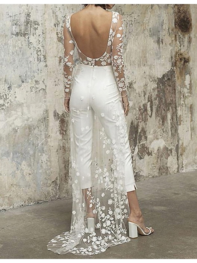 White Jumpsuit for Women Backless Overlay Lace Solid Color Crew Neck ...